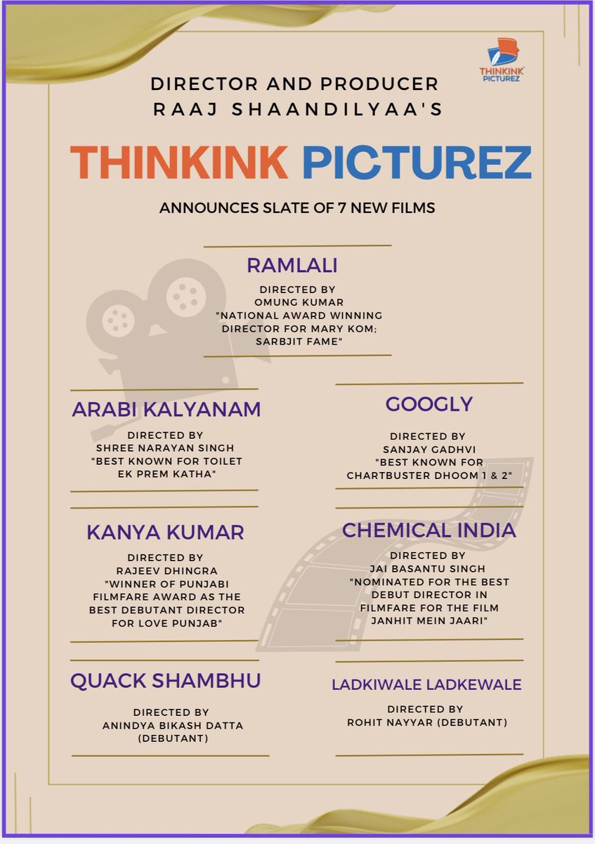 Sanjay Gadhvi (@sanjaygadhvi4) on Twitter photo Raaj Shaandilyaa’s Thinkink Picturez announces an astounding slate of seven films with the Directors.
<a href="/writerraj/">Raaj Shaandilyaa (भारतीय हिन्दू)</a> <a href="/vklahoti/">Vimal Lahoti</a> @SonalisinghSSS @krishanurathore <a href="/thinkinkpicz/">ThinkInk Picturez Ltd.</a> @omungkumar @sanjaygadhvi4 #shreeNarayansingh @basantujai <a href="/dhingra_rajiv/">Rajiev Dhingra</a> <a href="/rohitna23902555/">rohit nayyar</a> <a href="/anindyabikasdat/">Anindya Bikas Datta</a> Raaj Shaandilyaa’s Thinkink Picturez announces an astounding slate of seven films with the Directors.
<a href="/writerraj/">Raaj Shaandilyaa (भारतीय हिन्दू)</a> <a href="/vklahoti/">Vimal Lahoti</a> @SonalisinghSSS @krishanurathore <a href="/thinkinkpicz/">ThinkInk Picturez Ltd.</a> @omungkumar @sanjaygadhvi4 #shreeNarayansingh @basantujai <a href="/dhingra_rajiv/">Rajiev Dhingra</a> <a href="/rohitna23902555/">rohit nayyar</a> <a href="/anindyabikasdat/">Anindya Bikas Datta</a>