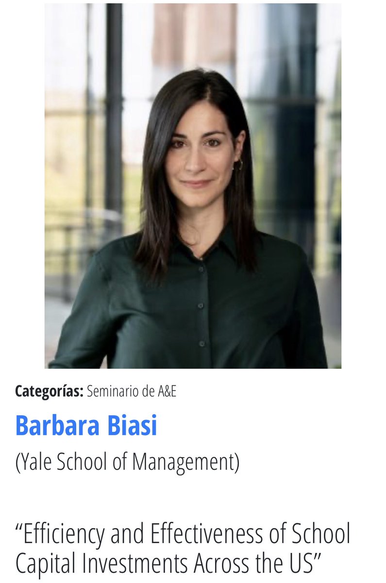 Today @BarbaraBiasi presents her work on the impact of school capital spending in the US, in the AE seminar @EconomicsUc3m.