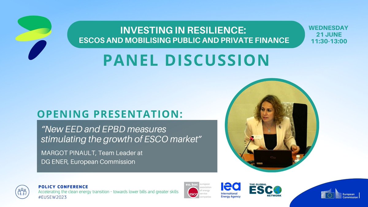eu.esco (@euesco) on Twitter photo 📣 Join us Wednesday, 21 June, for an insightful <a href="/euenergyweek/">European Sustainable Energy Week</a> discussion on ESCOs and mobilizing finance for resilience, featuring Margot Pinault from DG ENER, <a href="/EU_Commission/">European Commission</a>
🔗 Register lnkd.in/dwgPXbGm
#ESCO #EnergyEfficiency #Investment #Decarbonisation #FitFor55 📣 Join us Wednesday, 21 June, for an insightful <a href="/euenergyweek/">European Sustainable Energy Week</a> discussion on ESCOs and mobilizing finance for resilience, featuring Margot Pinault from DG ENER, <a href="/EU_Commission/">European Commission</a>
🔗 Register lnkd.in/dwgPXbGm
#ESCO #EnergyEfficiency #Investment #Decarbonisation #FitFor55