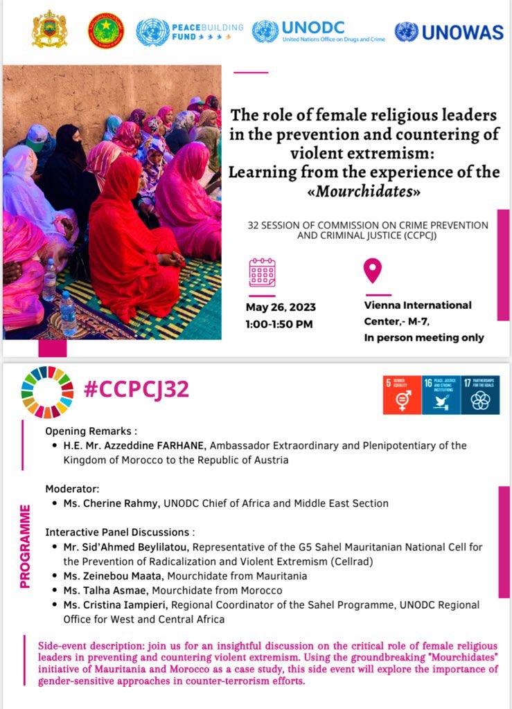 UNODC_Sahel's tweet image. 📢Tomorrow is the day! Get ready for an impactful SideEvent on the role of #femalereligiousleaders in #PVE. Don’t miss the opportunity to meet with #Mourchidates who have ✈️ from far to share testimonies.Explore how   cooperation between 🇲🇦 &amp;amp; 🇲🇷 can reinforce stability in #sahel