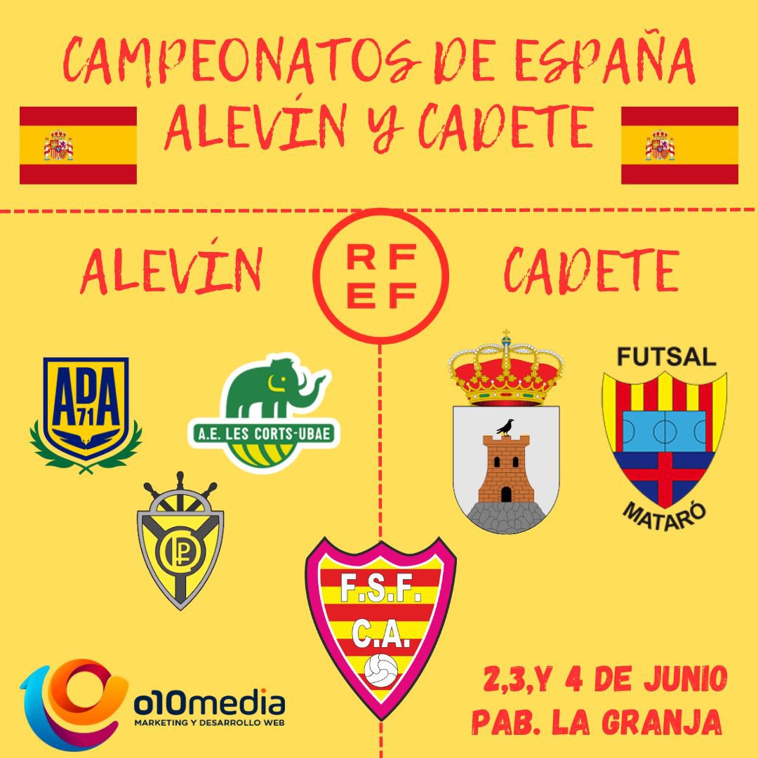 fsfcesaraugusta's tweet photo. 🔴CAMPEONATOS DE ESPAÑA ALEVÍN Y CADETE🟡
‼️Seremos sede de los campeonatos la de España en el Pabellón La Granja 🏟️‼️
📅 2, 3 y 4 de junio

Categoría Alevín: @ADAlcorconFSF @MamutsLesCorts y CD La peña 

Categoría Cadete: @Futsal_Mataro y @MotadelCuervo 

OS ESPERAMOS⚔️ https://t.co/MJSHtyjb0U
