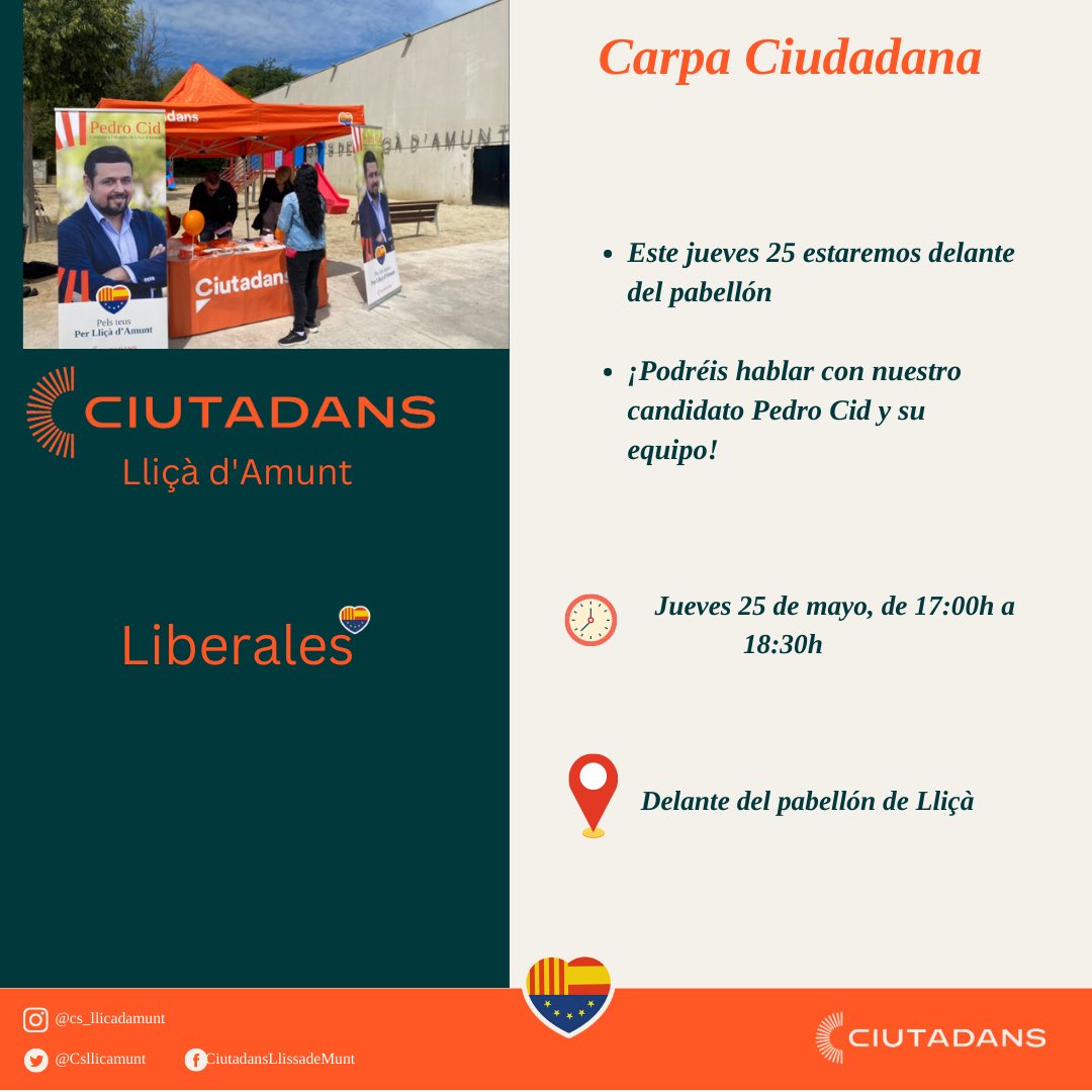 Csllicamunt's tweet photo. ☔️Si la lluvia lo permite, nos vemos esta tarde. 
✅💪🍊Cada vez falta menos para el cambio liberal que necesita #lliçàdamunt
¡Te esperamos! https://t.co/cNjV1OHTyX