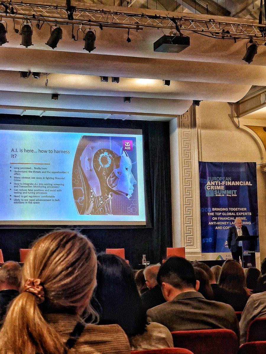 FionaSDaly's tweet photo. Really interesting Anti-Financial Crime Summit at @TheRDS. Big challenges ahead between innovative criminals, the rise of AI, regulatory challenges etc. For a small country, though, I always feel pride when I'm reminded 9 of the top 10 tech companies have a presence here #eafcs https://t.co/Gi3prhhjeg