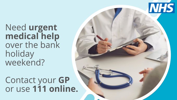 NHSNEY's tweet image. Looking forward to the #BankHoliday weekend? 😃

If you need urgent medical help but it’s not an emergency, contact your GP practice as normal when open, or use 111 online.  

➡️111.nhs.uk