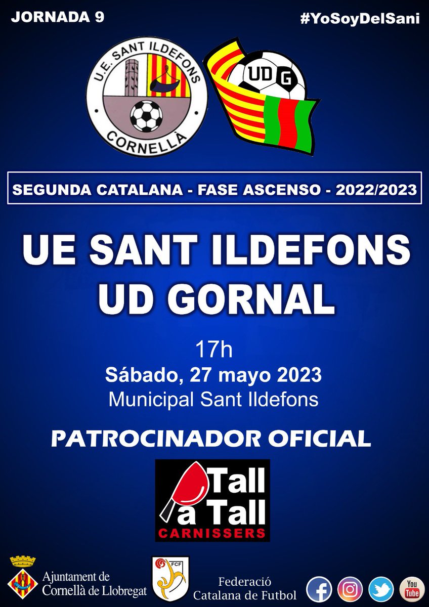 uesantildefons's tweet photo. ⚽️ ¡Ú𝙇𝙏𝙄𝙈𝘼 𝙁𝙄𝙉𝘼𝙇 𝙀𝙉 𝘾𝘼𝙎𝘼! 🔥

⚔️ ¡El #PrimerEquipo despide la temporada en casa todavía con opciones de ascenso a Primera Catalana!

🗣️ ¡No podéis faltar! ¡Os necesitamos en el Municipal! 💪🏻

🆚 @udgornal
📆 Sábado, 27 de mayo
🕒 17h

#SaniGornal #YoSoyDelSani 💙 https://t.co/3xz5o73cvR