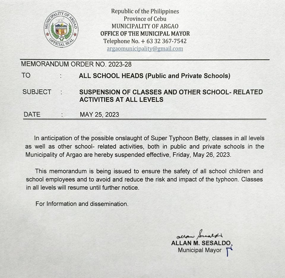 ABS-CBN News on X: Classes in Argao, Cebu are suspended on May 26, 2023  (all levels, including school-related activities) both public and private  schools. According to the memo, classes in all levels