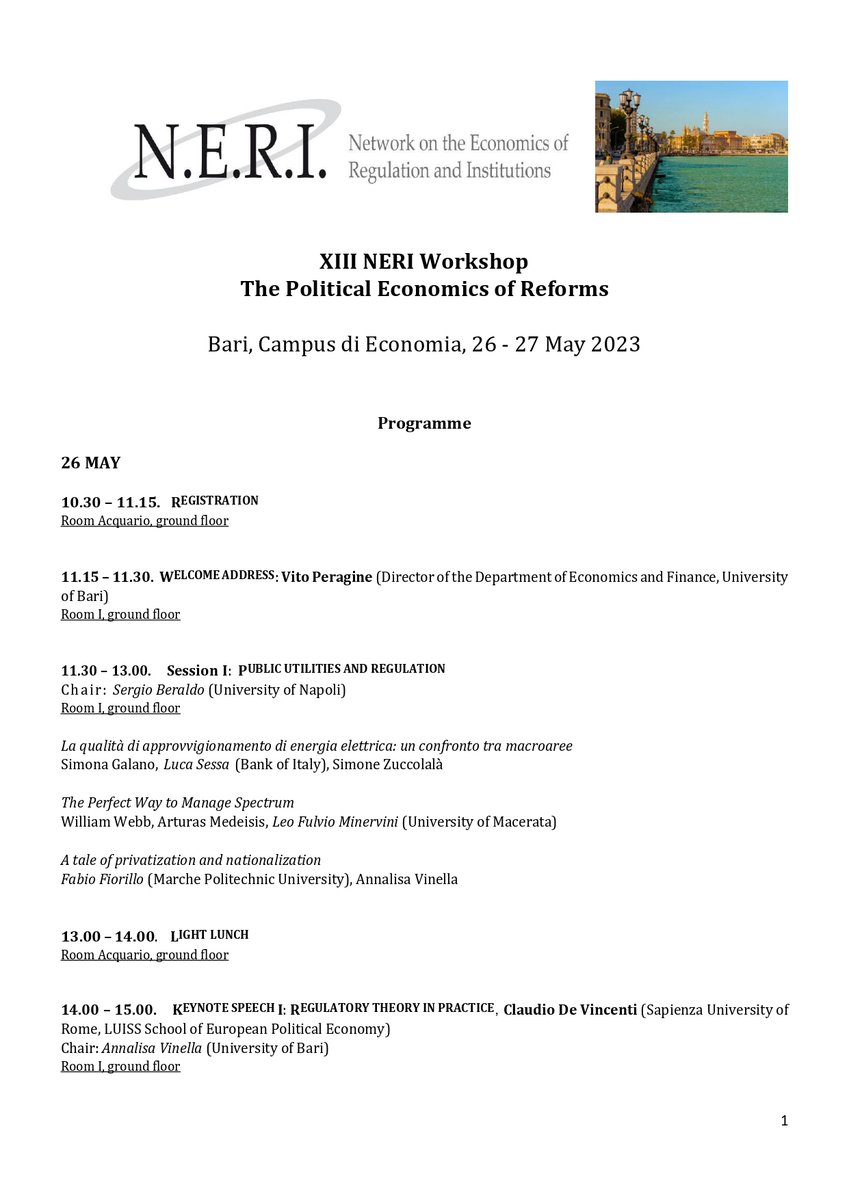 XIIIN_E_R_I's tweet photo. The Department of Economics and Finance of the University of Bari “Aldo Moro”, in collaboration with the Department of Economics, Social Studies, Applied Mathematics and Statistics of the University of Torino, will host in Bari the #XIIINERI: The Political Economics Of Reforms https://t.co/wF60Njn4YZ