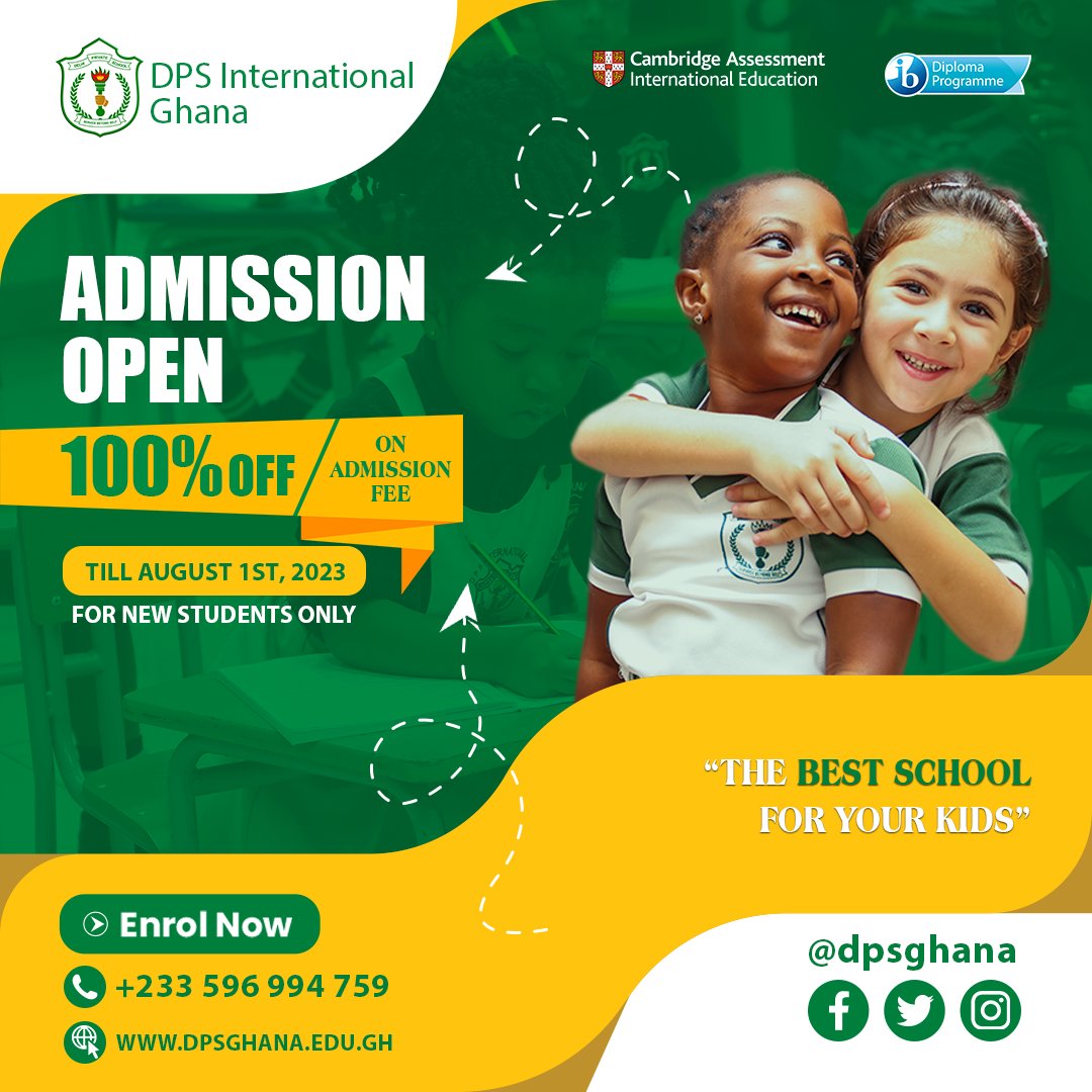 DpsGhana's tweet photo. DPSI offers a flat 100% off on Admission Fee; till August 1st, 2023.
This is an opportunity you should never miss!
DM your number and we will call you. Or, call +233596994759.
#ABrightFuture
#DPSGhana
#BestSchool
#GhanaEducation
#GhanaSchools
#Ghana
#TemaCommunity25 https://t.co/4Fj1xyjBsL
