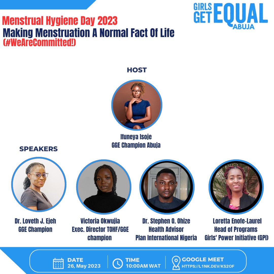 GirlsgetequalA's tweet photo. Join us for our webinar in commemoration of #MHDay. 
 
It’s time we end the silence around menstruation.
Promote menstrual hygiene &amp; provide hygiene products during this Period, because menstruation is a Normal fact of life!

🗓26, May 2023
⏰ 10:00 AM
🔗 https://t.co/8FRmnKHlCj https://t.co/IkO3OIBA8K