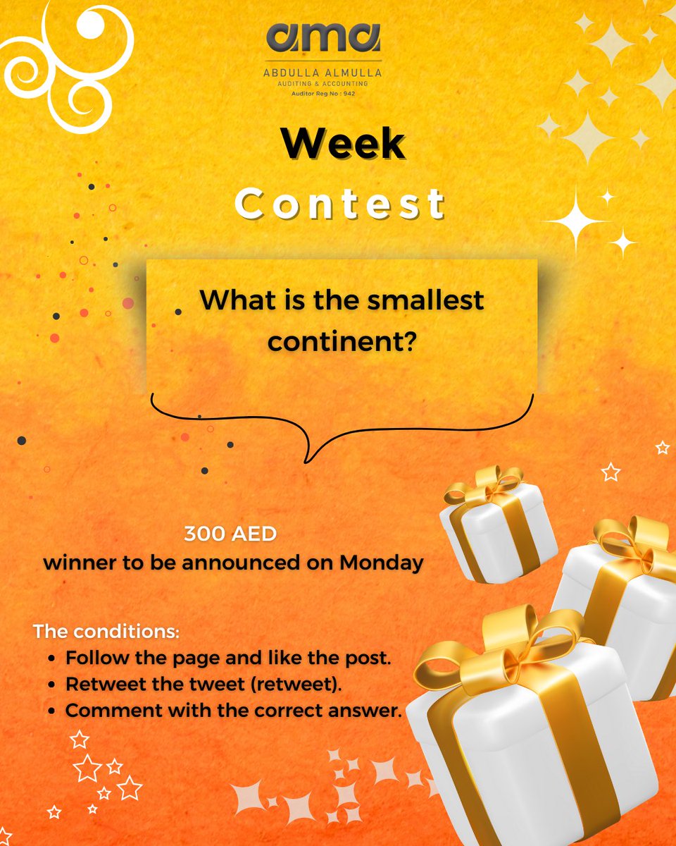 am_audit's tweet image. سؤال الاسبوع: ما هي أصغر قارة؟
 Week Question: What is the smallest continent?
300 درهم - رابح يعلن عنه يوم الاثنين  
300 AED - winner to be announced on Monday     #مسابقة #مسابقة_الأسبوع #عبدلله_الملا #مسابقات #جوائز #رابحين