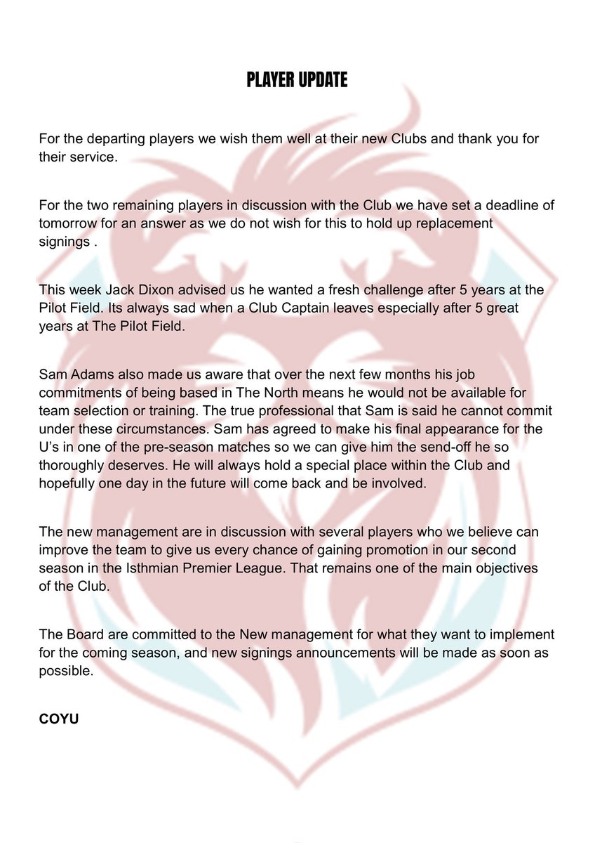 hastingsufc's tweet photo. PLAYER UPDATE
Our new management team have now spoken to all Hastings United Players and can confirm the following for the 2023/23 @IsthmianLeague Premier campaign
#COYU
#NewEra
#PlayerUpdate
⤵️⤵️⤵️ https://t.co/NB6ymSxsZ9