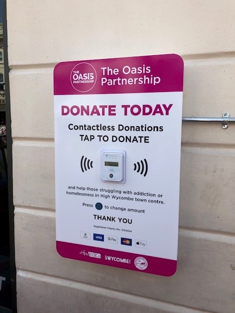 Payacharity's tweet photo. A fantastic installation between High Wycombe BID on behalf of The Oasis Partnership and DonationBoxes using our contactless payment device. If you're in High Wycombe go check it out and make a donation to a worthwhile cause!
#contactlessdonations #charity #community https://t.co/0WHqRp2ujt