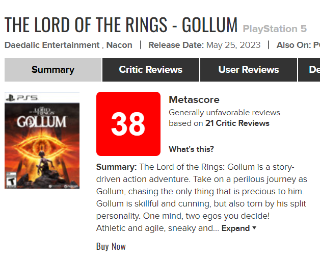 GameRiot on X: Gollum sitting at a 38 on Metacritic.   / X