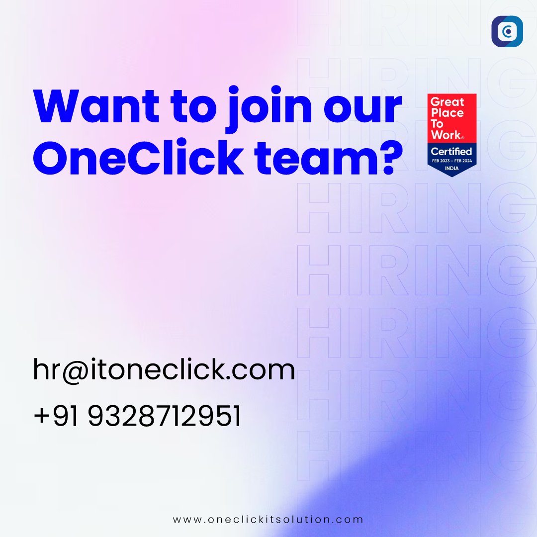 Let's move forward together on this great #opportunity!

Say Hello 📞 at +91 9328712951 or Drop your CV at hr@itoneclick.com ✉️.

📍 Location: Ahmedabad

Visit for more: 👉 oneclickitsolution.com/careers/

#hiringnow #recruiters #joinourteam #techjobs #ahmedabadjobs #engineering