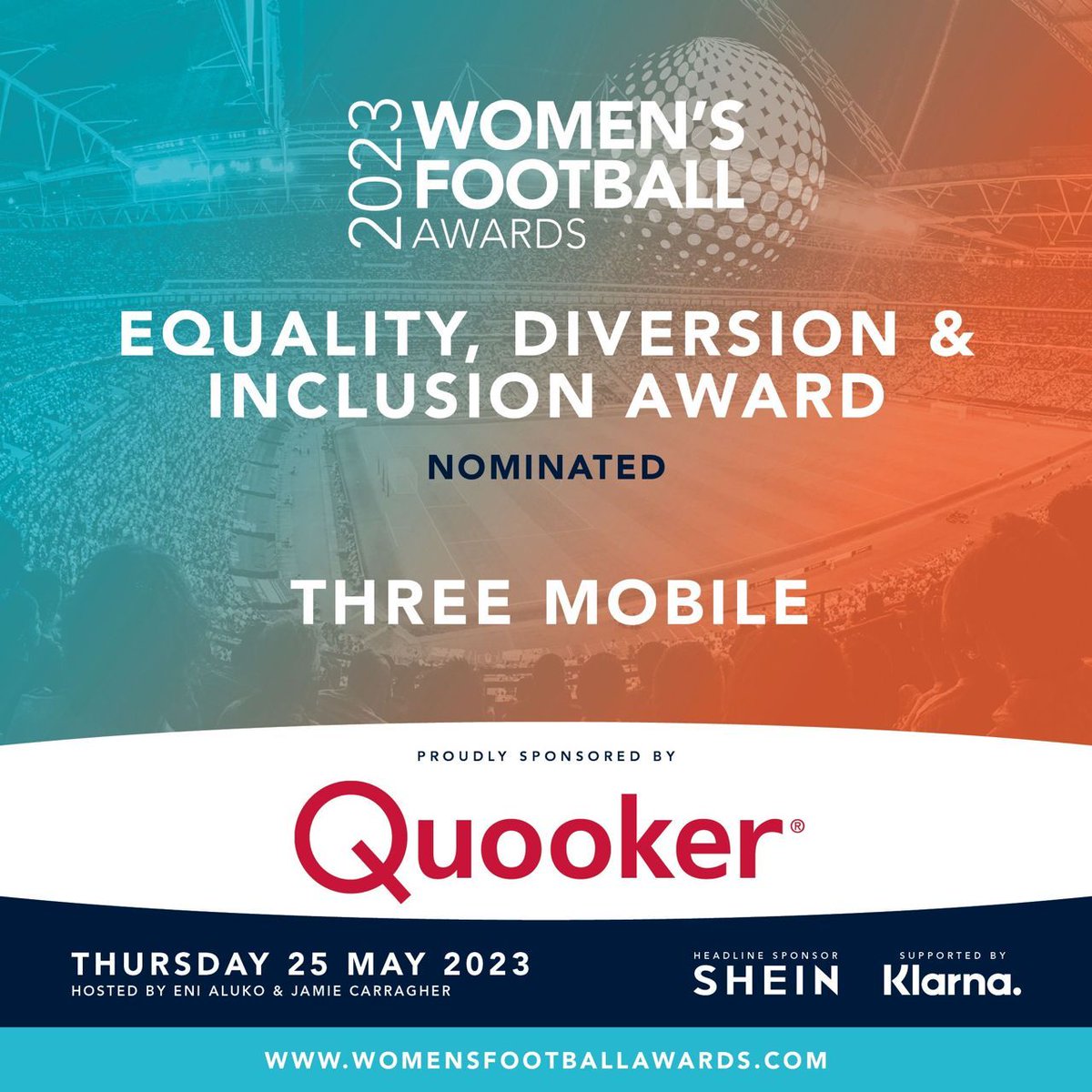 Best of luck to our partners @threeuk tonight at the 2023 #WomensFootballAwards! ⚽️ Nominated for both Brand of the Year and the Equality, Diversion & Inclusion Award! 👏