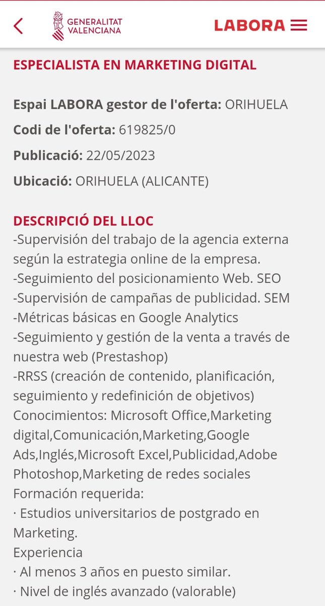 GVAlabora's tweet photo. 📢Se necesita con URGENCIA persona ESPECIALISTA EN MARKETING DIGITAL

El #EspaiLabora de #orihuela nos solicita difusión de la siguiente #ofertadetrabajo

👩🏻‍💻Inscríbete aquí
➡️ https://t.co/FSfyhucFNb o a través de la App📲 #GvaPuntLabora 
✅Nº de oferta: 619825/0

 #SomLabora https://t.co/Z1Uw1rXh1D