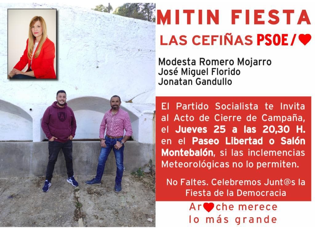 psoe_aroche's tweet photo. 🌹 Te esperamos hoy en el Acto de Cierre de Campaña a las 20:30h en el Paseo de la Libertad en las Cefiñas. 
🚨 Si las inclemencias meteorológicas NO lo permiten nos veremos en el Salón Montebalón.

¡¡No faltes!! 🌹

#ArocheMereceLoMásGrande
#AhoraConMode
#VotaPsoe https://t.co/BlxJsWLfdf
