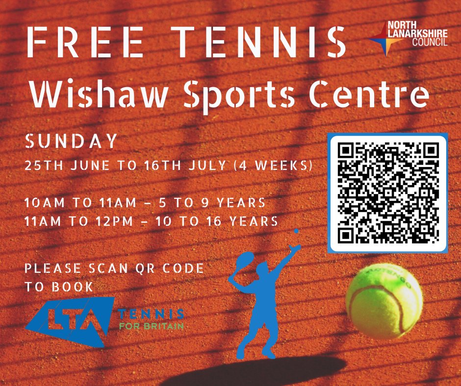 We are delighted to announce that we will be running free tennis sessions at Wishaw Sports Centre from 25th June to 16th July.

Registration is required for these sessions so please scan the QR code in the post photo or visit tinyurl.com/58u7586s to sign up