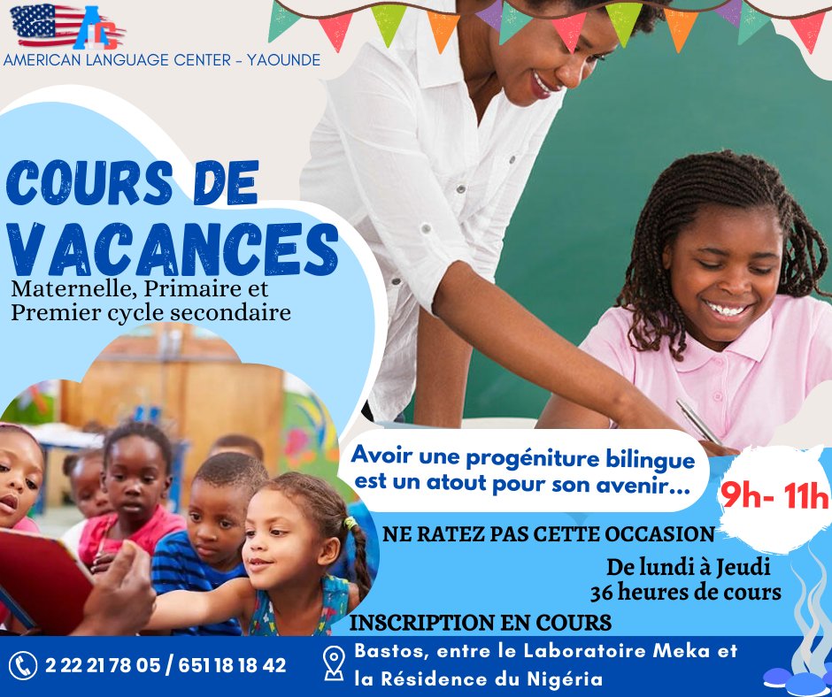 AlcYaounde's tweet image. COURS DE VACANCES LANCÉS📢
NE RATEZ PAS CETTE OCCASION !!!

#coursdevacances
#coursdanglais

Pour plus d&apos;informations :
📲2 22 21 78 05 / 651 18 18 42
🔎 Bastos, entre le Laboratoire Meka et la résidence du Nigéria