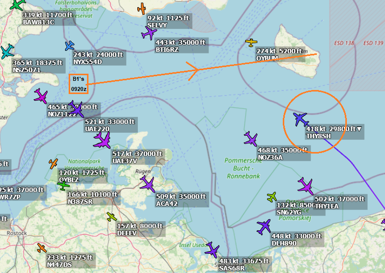 SirListenalot's tweet photo. 0837z #KC135's #LAGR880-882 rtb. Assuming #SPICY41-42 continue eastbound at 435 kts, they'd reach Swedish airspace ~0920z. At 0920z #THY8SH descending to FL120 was requested to expedite thru FL220. To get below #B1's in the block 220-230? 🤔 https://t.co/P9RGEXAM6r