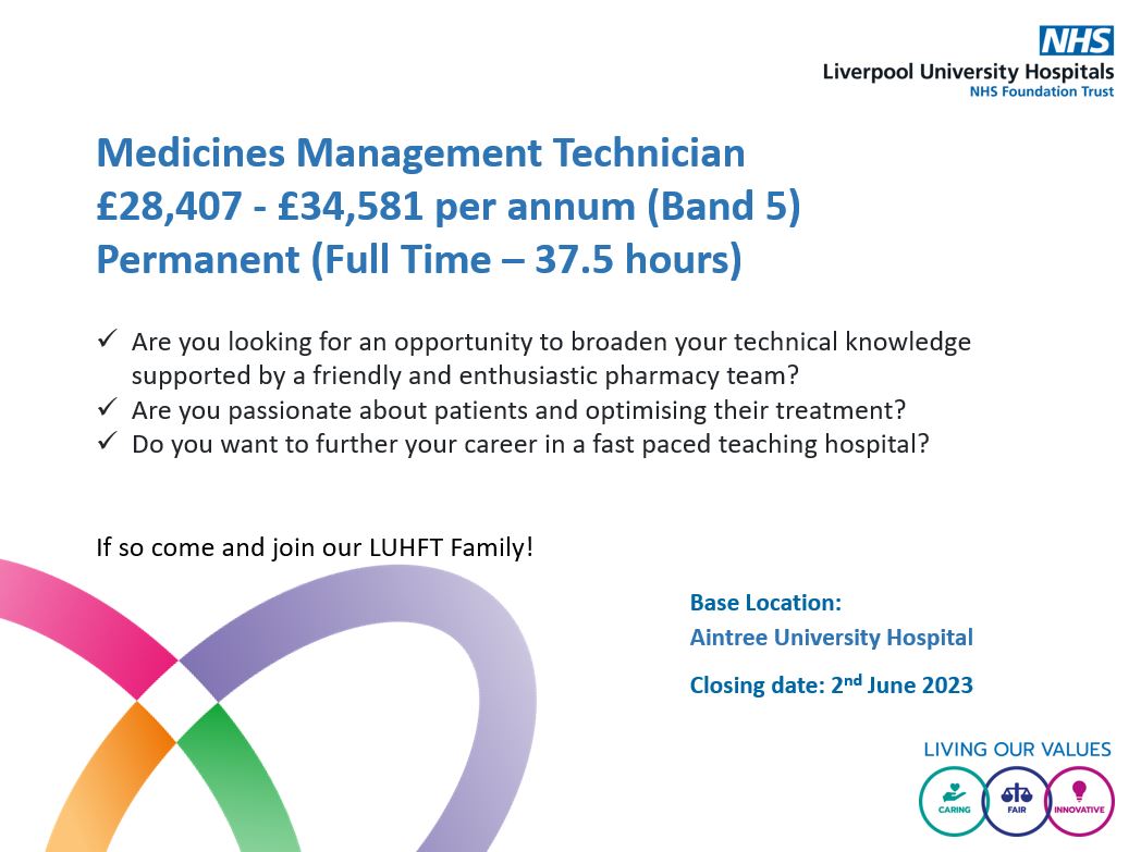 We have an exciting opportunity for a registered Pharmacy Technician on our Aintree site! 💊

Please click the below link for further details and submit your application:

tinyurl.com/3k8epm42

#teamluhft #nhsjobs #nhscareers #pharmacy #pharmacycareers #nhspharmacy