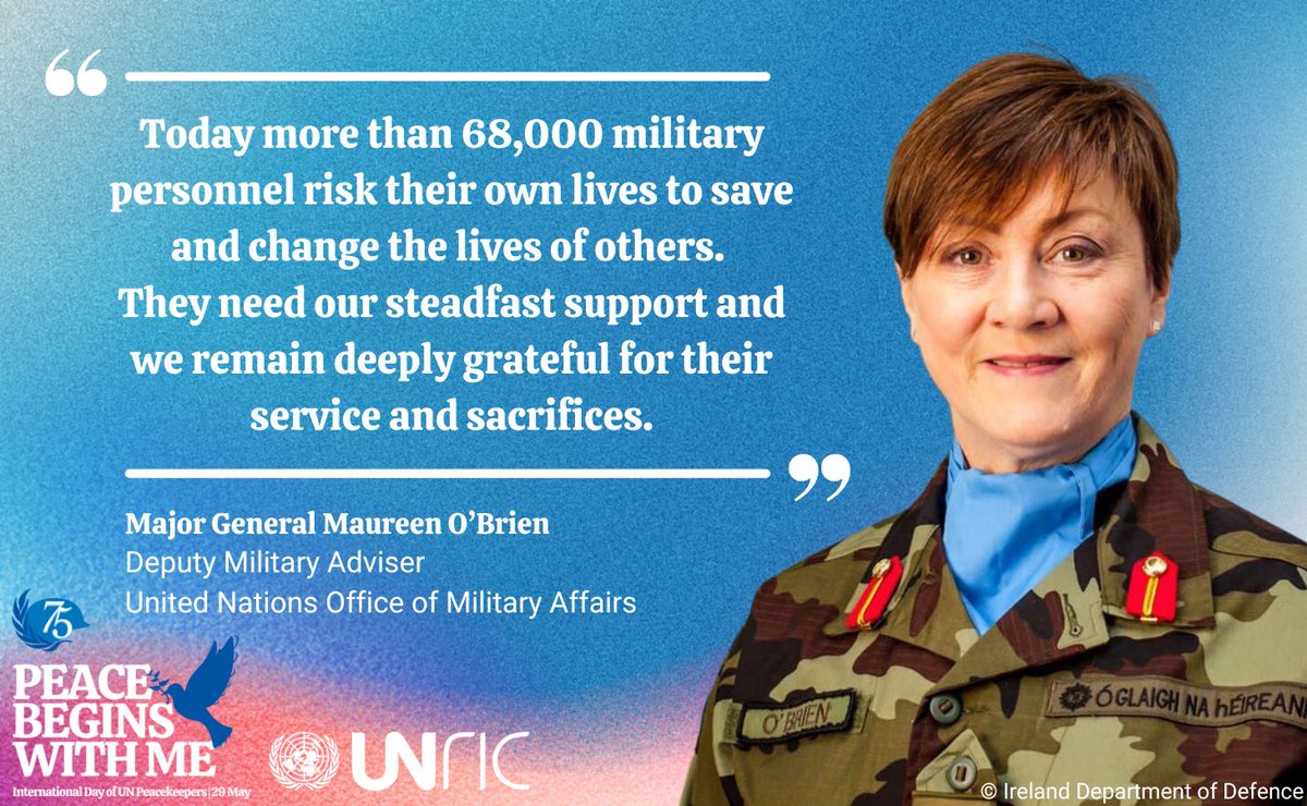 Major General Maureen O'Brien 🇮🇪, joined @defenceforces in 1981, shortly after women were allowed to join for the first time. Today, she is the first female UN 🇺🇳 Deputy Military Adviser. Here is her message celebrating 75 years of @UNPeacekeeping👇 #PKday #PK75 #PeaceBegins