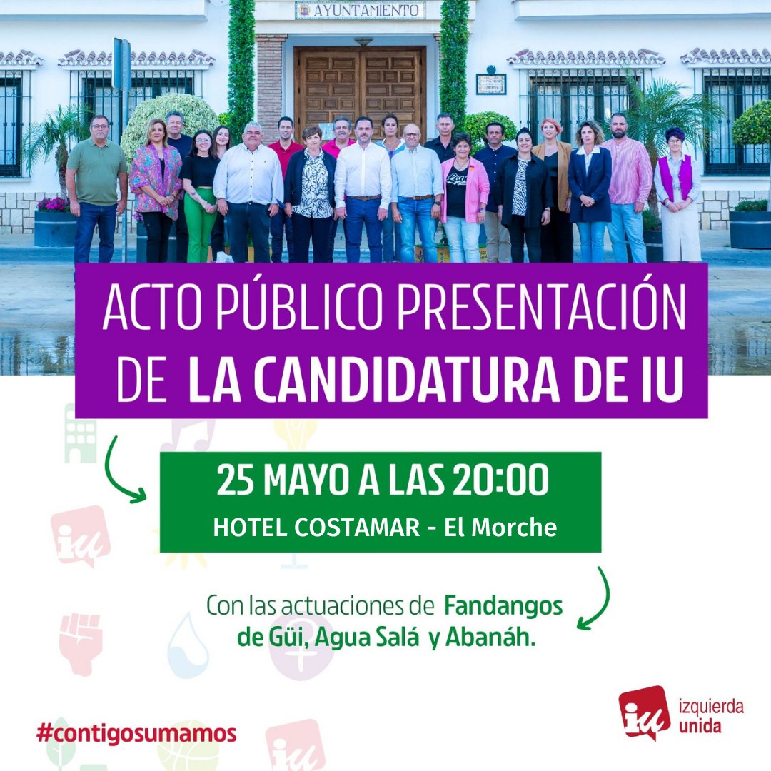 ➡️¿Te vienes esta tarde? Hablaremos de las propuestas que tenemos para Torrox, de las cosas que os preocupan como ciudadanos y disfrutaremos de buena música con las actuaciones de Fandangos de Güi, Agua Salá y Abanáh.

➕#ContigoSumamos #RafaBroncanoAlcalde #VotaIUTorrox #28M