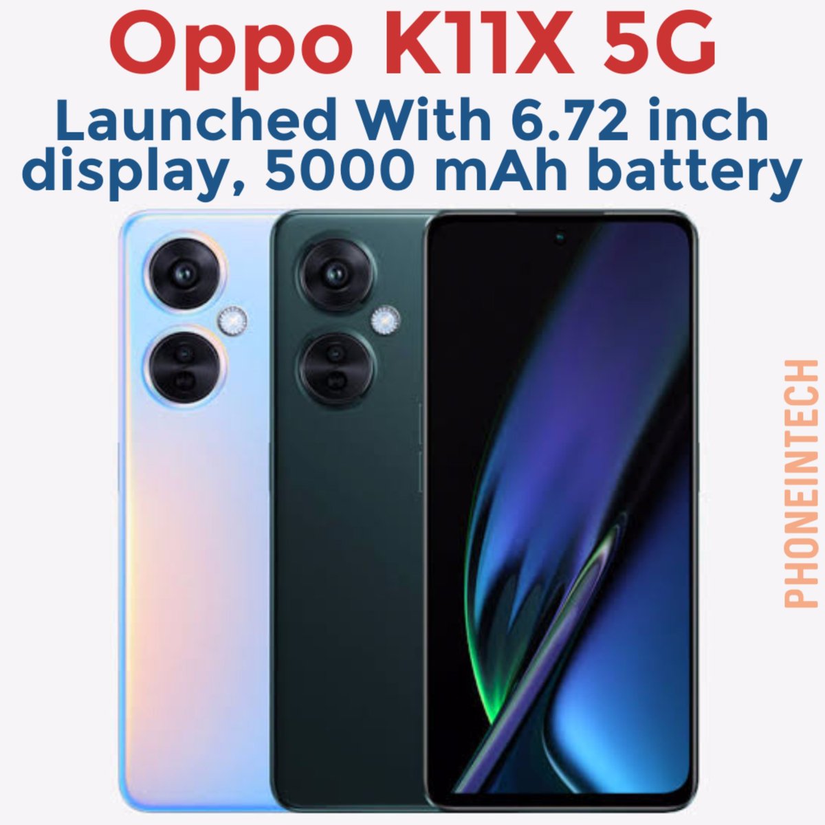 PhoneinTech's tweet photo. Oppo K11x 5G Launched in China. It features a 6.72 inch display and 5,000 mAh battery which supports 67 W fast charging. It comes in two color options and the storage capacity is 12GB Ram with 256GB Rom.
#opposmartphones #oppok11x #technews https://t.co/yvvq8MV94H