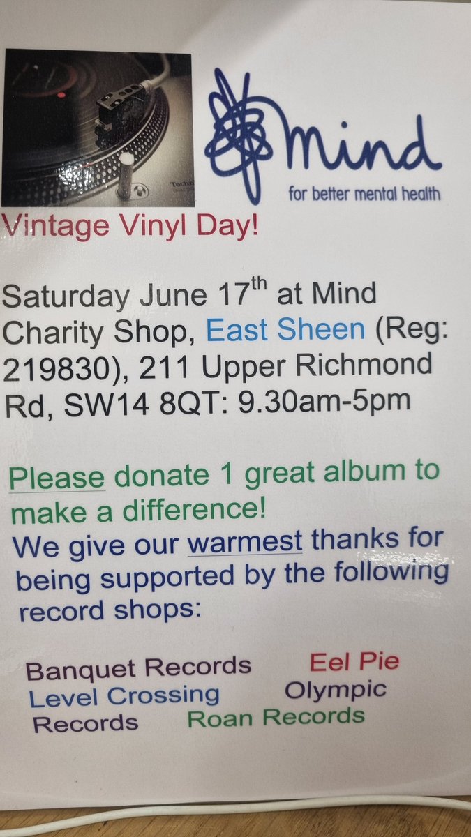 It's back!!! Our next vinyl/music day is on Saturday 17th June! We look forward to seeing you all. Come along and support us and grab a bargain.
#vinylrecords
#vinyladdict 
#vinylcollector
@RosieHmind
@JRobertsmind 
@soneill_mind 
@marucarbajales 
@KirsteenKamming