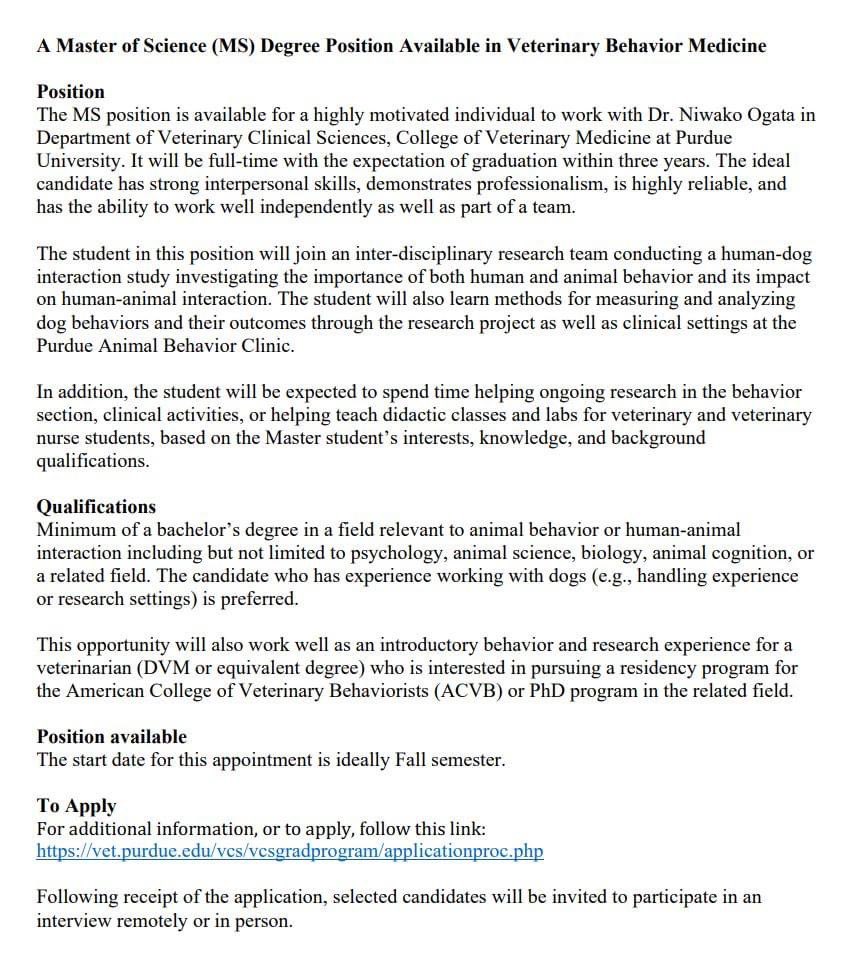 appliedethology's tweet photo. #MScposition
MSc Degree Position Available in Veterinary Behavior Medicine
Department of Veterinary Clinical Sciences, Purdue University
West Lafayette, USA
Link: https://t.co/L69ESqOf5g https://t.co/LdWDAAQaI5