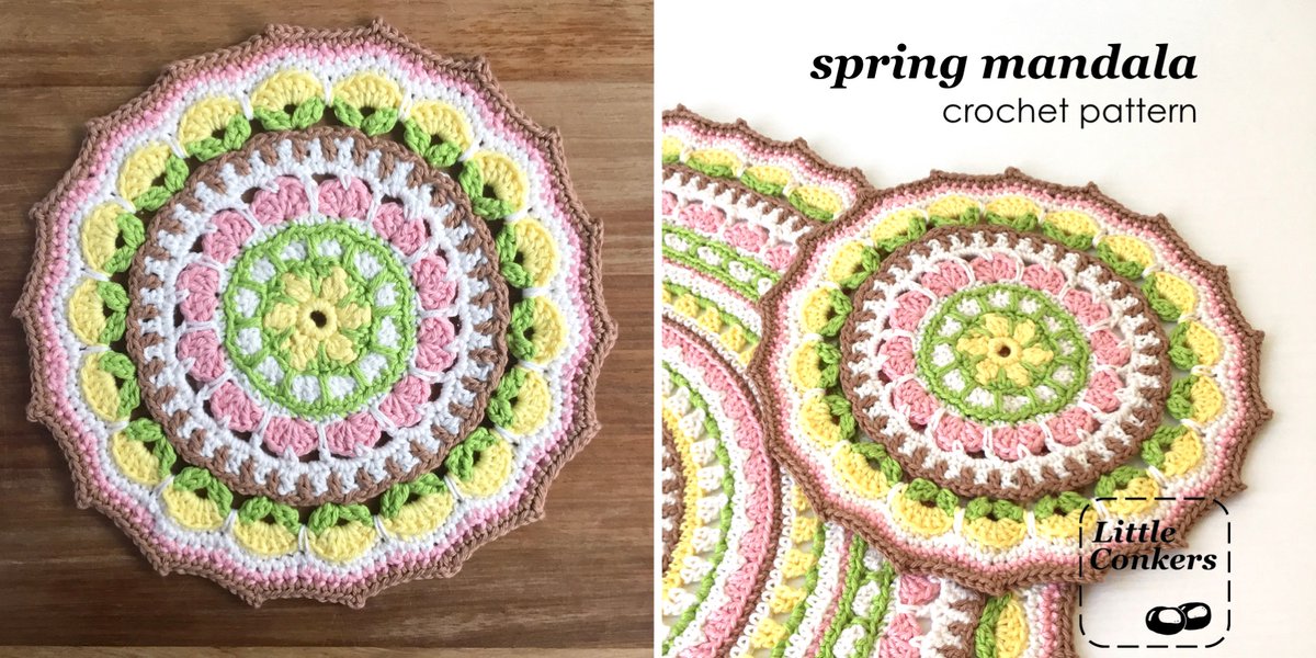 Crochet mandala pattern, with colours and motifs inspired by primroses and cherry blossom:  littleconkers.co.uk/springpetals/ #mandala #crochetmandala