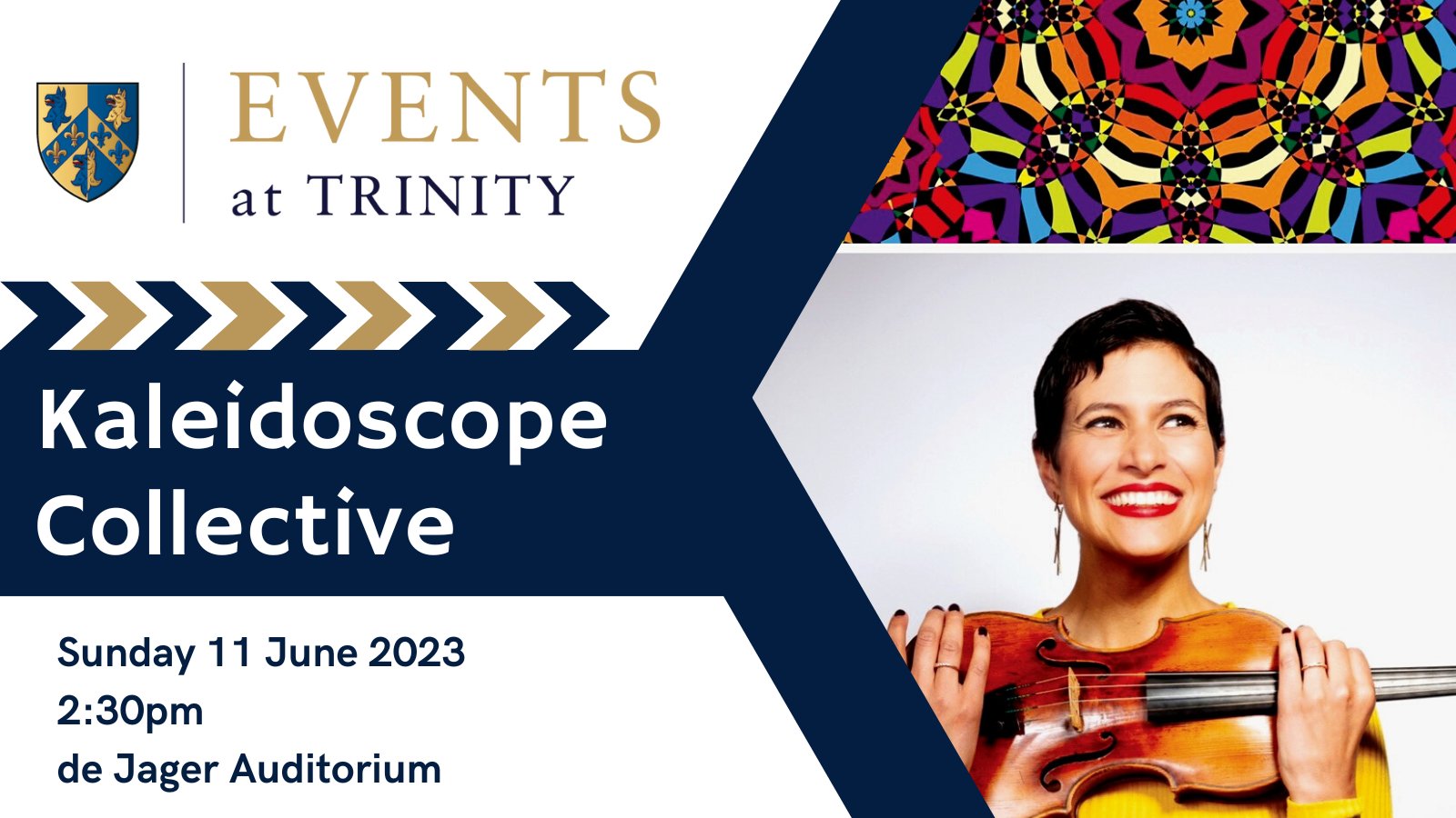 A graphic advertising the Kaleidoscope Collective Concert at Trinity college on 11 June at 2:30pm.
