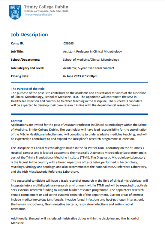 ClinMicroTCD's tweet photo. The Department of Clinical Microbiology is recruiting for an Assistant Professor🦠! PhD and post-doctoral research in Microbiology or related subject required. Apply by 26 June to renwickj@tcd.ie,  details below.
@MicrobioSoc
@TrinityMed1
@MicrobiologyTCD
@TCDTMI
@tcddublin https://t.co/V23hU6zJqT