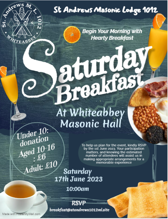StAndrewsML1012's tweet photo. Indulge in a Memorable Morning at our Masonic Lodge Breakfast Event!   

St Andrews Masonic Lodge 1012 
Date: June 17, 2023 
Time:10.00am 
Location: Whiteabbey Masonic Hall  

Join us for a  Breakfast Morning at our esteemed Masonic Lodge. A scrumptious breakfast spread awaits! https://t.co/NmUpT7aqQX