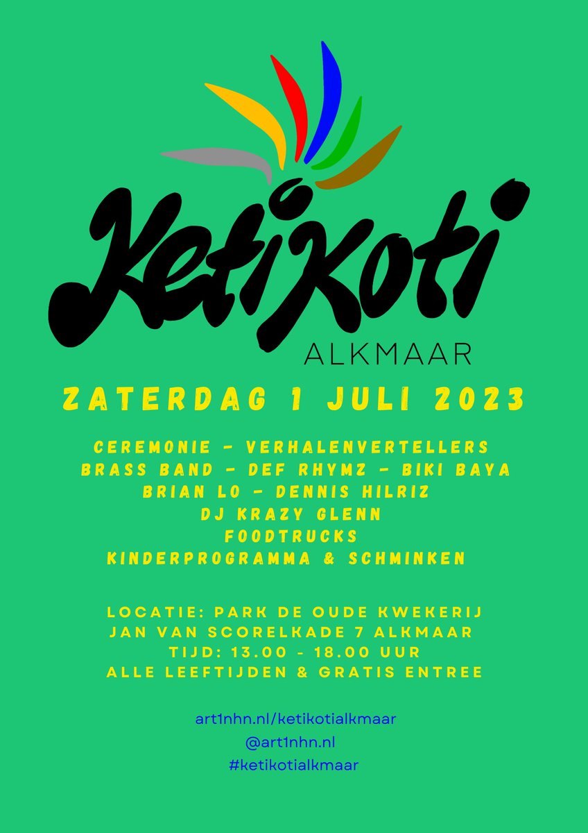 Save the date! Op zaterdag 1 juli van 13-18u Keti Koti Alkmaar in Park De Oude Kwekerij achter het centraal station. #ketikotialkmaar #ketikoti #slavernij #slavernijverleden #herdenkingsjaarslavernijverleden #herdenking #viering