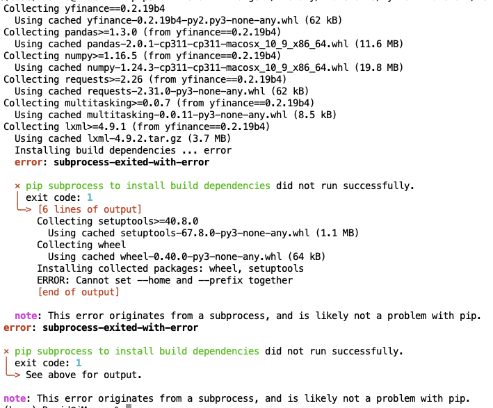 trendingmkts's tweet photo. @aroussi @ProductHunt HI Ran, Sorry to hijack this important thread, but having trouble installing yfinance. What is going wrong? https://t.co/v7lWIqmA1W