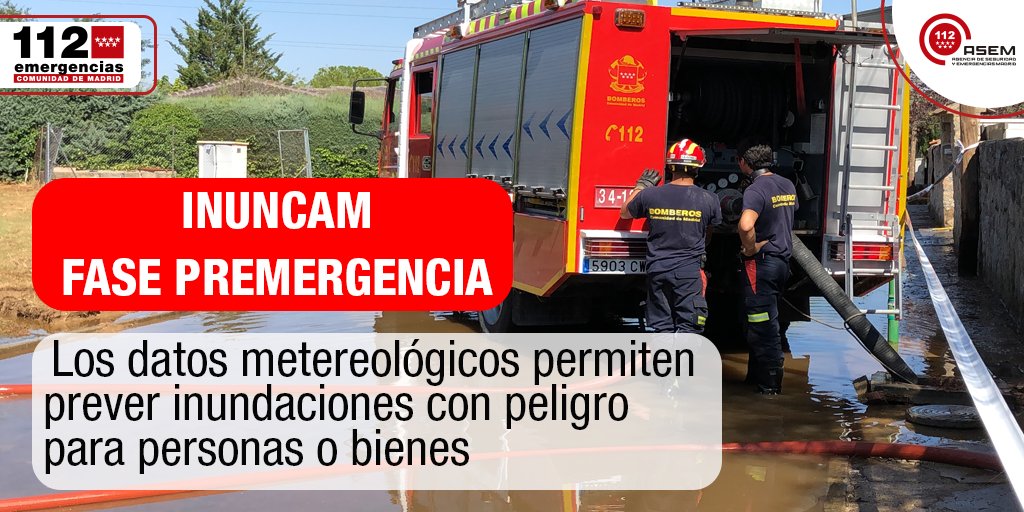 ⛈ La #ASEM112 activa el nivel de Preemergencia del Plan Especial de Protección Civil ante Riesgo de Inundaciones #INUNCAM ante la previsión de tormentas y lluvias fuertes.

🟡 <a href="/AEMET_Madrid/">AEMET_Madrid</a> establece nivel amarillo desde hoy hasta las 20:00h de mañana en toda la <a href="/ComunidadMadrid/">Comunidad de Madrid</a>