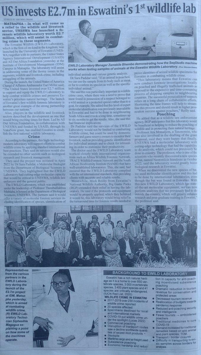 The Times of Eswatini reports on the launch of a USA funded forensic wildlife laboratory at <a href="/eswatiniuni/">University of Eswatini</a> to help combat wildlife crimes .. equipment provided will be used for molecular forensic services such as identification of species and genetic analysis