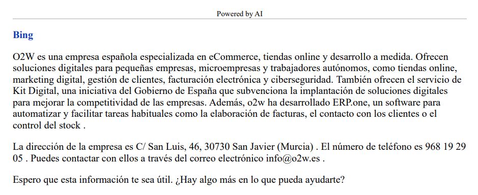 o2w_es's tweet image. Le preguntamos a #bing sobre @o2w_es ...
¿Qué sabrá sobre nosotros?

#o2w #impulsatunegocio #bing #ai #post #rrss