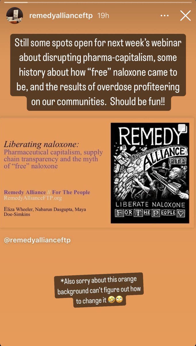 Naloxone isn’t free
<a href="/RemedyAlliance/">Remedy Alliance/For the People</a> 

us06web.zoom.us/webinar/regist…