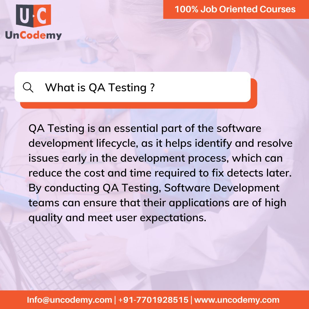 Welcome to the world of QA Testing! 🌐✨

Reachable @ 📞 +91-7701928515
.
.
.
.
.
#QATesting #SoftwareTesting #QualityAssurance #TestingLife #BugHunting #TestAutomation #QualityMatters #RegressionTesting #PerformanceTesting #UserAcceptanceTesting #TestDrivenDevelopment #uncodemy