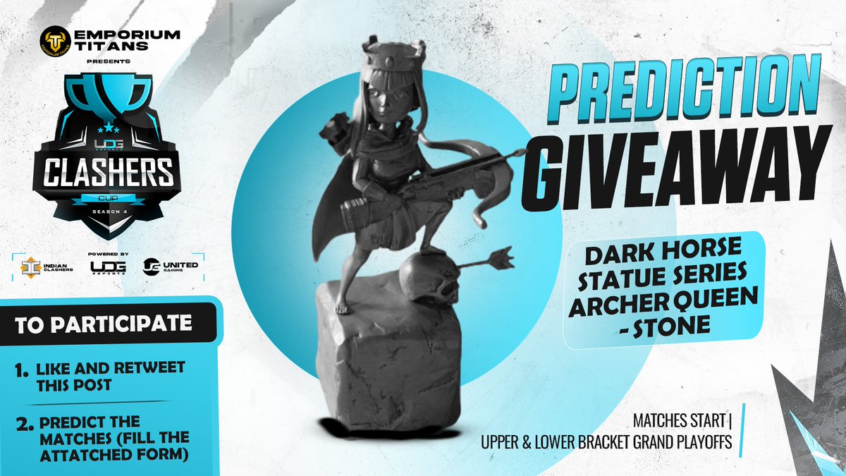 Giveaway Alert!
Winner gets exclusive Archer Queen Statue.

#ClashersCup UB & LB Grand Playoffs matches have begun.

To participate:
1. Like and retweet 
2. Predict your winners by filling this form: 
docs.google.com/forms/d/e/1FAI…

#ClashOfClans #ClashEsports @CoCEsports