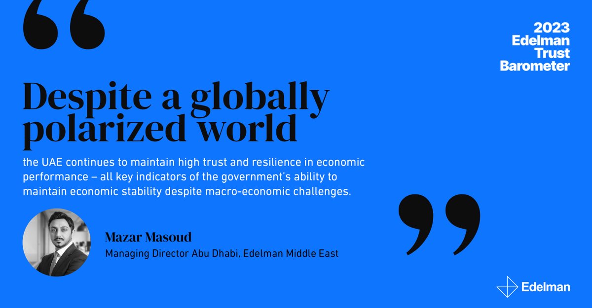 Reflections on the #EdelmanTrustBarometer 2023 from our Abu Dhabi Managing Director Mazar Masoud. He elaborates on how Edelman Middle East captures findings and incorporates them into our working engine to serve our clients best. Full report here: edelman.ae/trust-baromete…