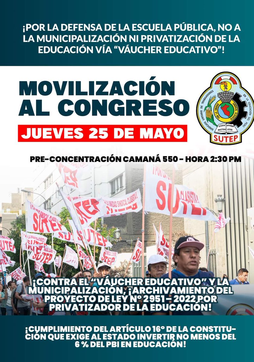 FPorturas's tweet photo. ¡En defensa de la educación pública y los derechos del magisterio!
Exigir archivamiento del Proyecto Legislativo 2951  que busca imponer los #váucheres #educativos  (pillaje) y cumplimiento de las demandas del magisterio

🗓️ Jueves 25 de mayo
🕒 2:30 pm
#congresoCorrupto #fapg https://t.co/OI3Hc0SJ1d