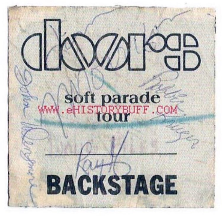 Backstage pass. Used somewhere in 1968/69. Great signatures. #thedoors #JimMorrison #johndensmore #raymanzarek #robbykrieger