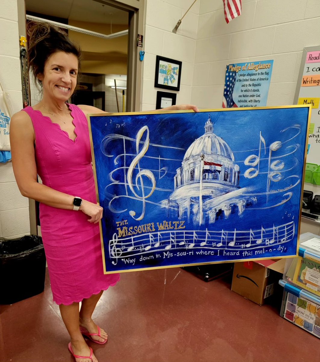 CarrieTergin's tweet photo. Reunited with a painting I did 20 years ago and donated to the Performing Arts Center auction. Tried to bring Capitol art & music together on canvas! #MissouriWaltz #CarriesPaintings #MayorArtist 🎵🎼🎨 https://t.co/P3Zhtiahlj