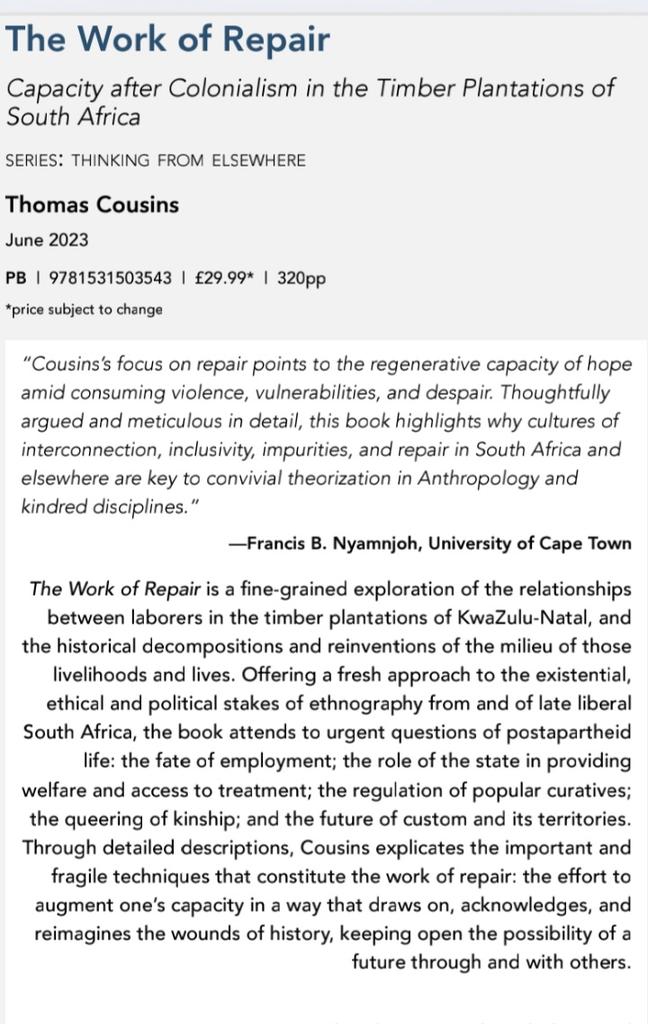 Congratulations Thomas on the publication of your new book, "The Work of Repair". This book is an excellent contribution to the field of economic anthropology. Thomas Cousins is the Clarendon-Lienhardt Associate Professor in Social Anthropology at the University of Oxford.