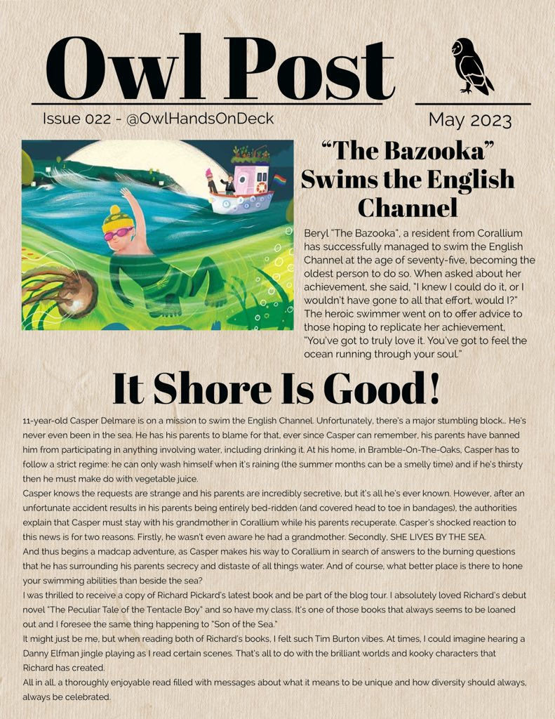 OwlHandsOnDeck's tweet photo. Absolutely thrilled to be sharing OWL POST as part of the blog tour for Son of the Sea by @richardpickard.

It SHORE is good, and it’s out now. Here’s my review: https://t.co/tjN4sN8eeA

Thanks for me having me @chickenhsebooks, @OliviaJeggo &amp; @richardpickard https://t.co/NNoMtrgJ7u