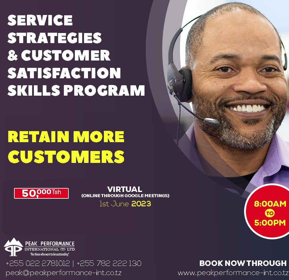 LEARN HOW TO KEEP YOUR CUSTOMERS AND DRIVE THEM TO BUY MORE FROM YOU.

Register now through: peakperformance-int.co.tz/index.php/prog…

#customer #customercare #customercaretraining #customercaretrainingintanzania #trainingfirmintanzania #peakperformance