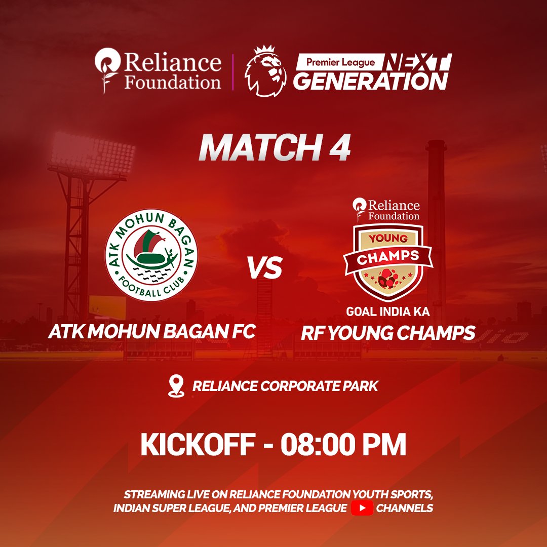 Our final game in the #RelianceFoundation #PLNextGen sees our #YoungChamps take the field against @atkmohunbaganfc 👊

Catch the LIVE action on @RFYouthSports, @IndSuperLeague & @premierleague YT channels at 8 pm!

#RFYC | #WeCare | #RelianceFoundation | #PLNextGen | @PLforIndia